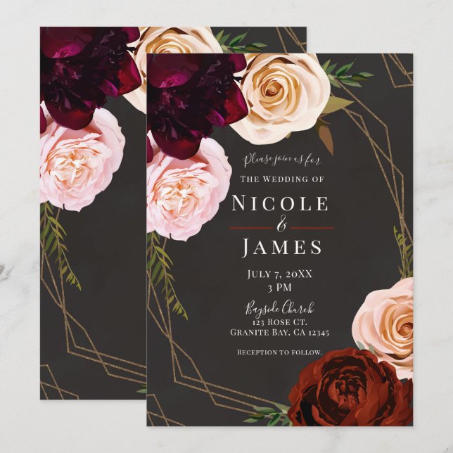 Convites Casamento Floral Escuro Moderno Marrom e Dourado R (Frente/Verso)