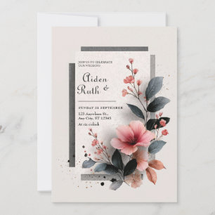Convites Casamento Floral Escuro Rosa Moderno Abstrato