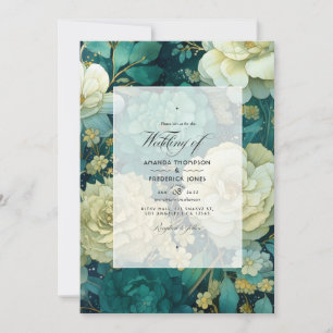 Convites Casamento Floral Esmeralda, Creme e Dourado