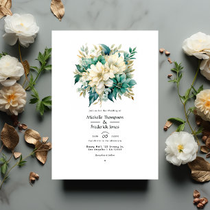 Convites Casamento Floral Esmeralda, Creme e Dourado
