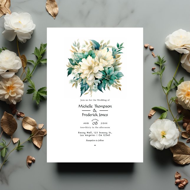Convites Casamento Floral Esmeralda, Creme e Dourado (Criador carregado)