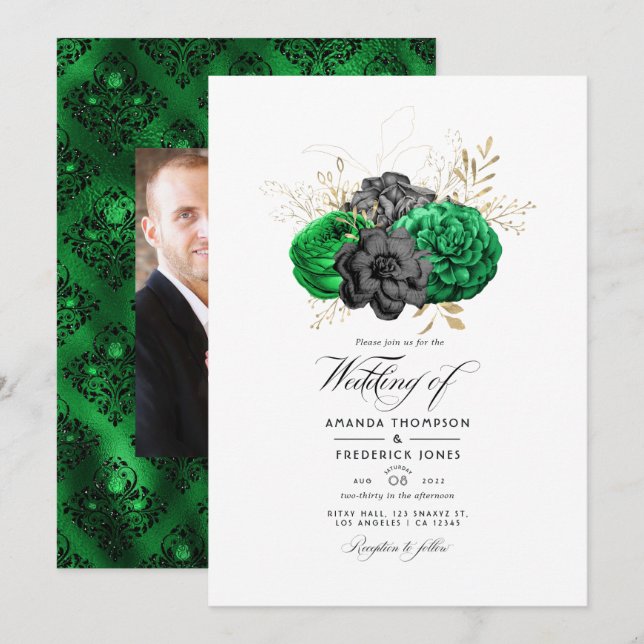 Convites Casamento Floral Esmeralda e Dourado (Frente/Verso)