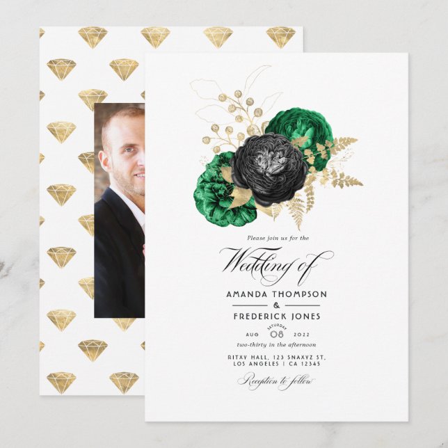 Convites Casamento Floral Esmeralda e Dourado (Frente/Verso)