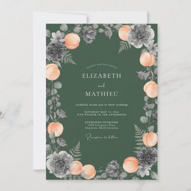 Convites Casamento Floral Esmeralda e Pêssego (Frente)