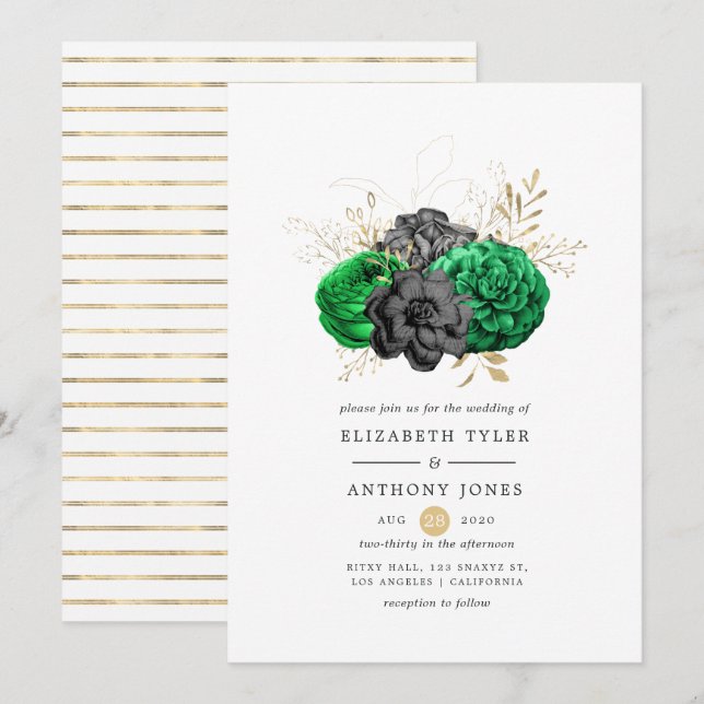 Convites Casamento Floral Esmeralda Escuro e Dourado (Frente/Verso)