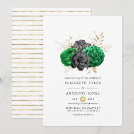 Convites Casamento Floral Esmeralda Escuro e Dourado