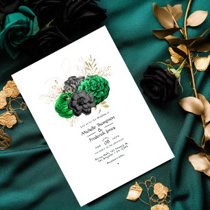 Convites Casamento Floral Esmeralda Escuro e Dourado