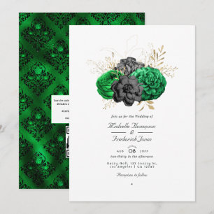 Convites Casamento Floral Esmeralda Escuro e Dourado com RS
