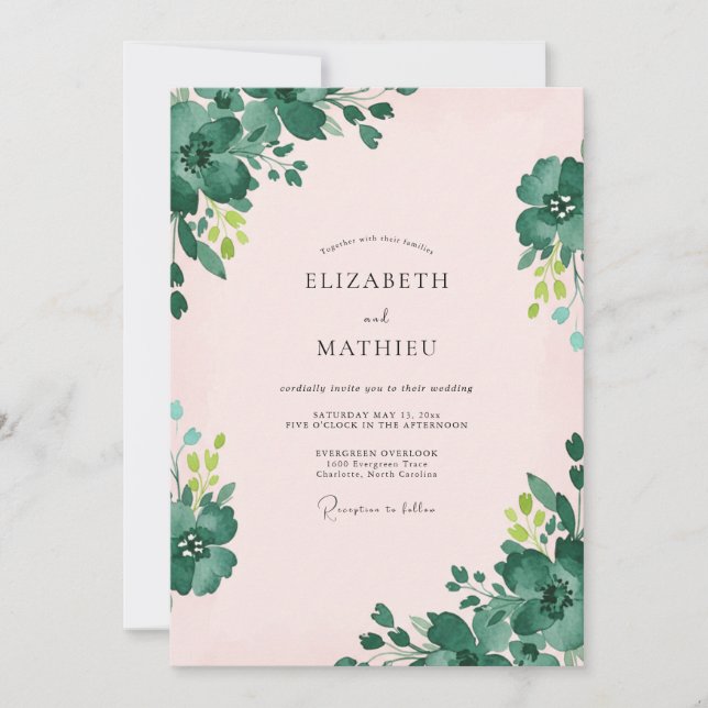 Convites Casamento Floral Esmeralda Rosa Suave (Frente)