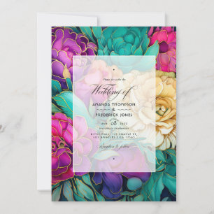 Convites Casamento Floral Esmeralda, Rosa Vibrante e Dourad