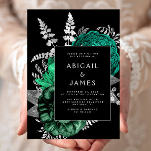 Convites Casamento Floral Esmeralda Verde Preto Prata Elega