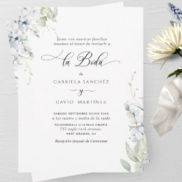 Convites Casamento Floral Espanhol, Branco Elegante e Azul