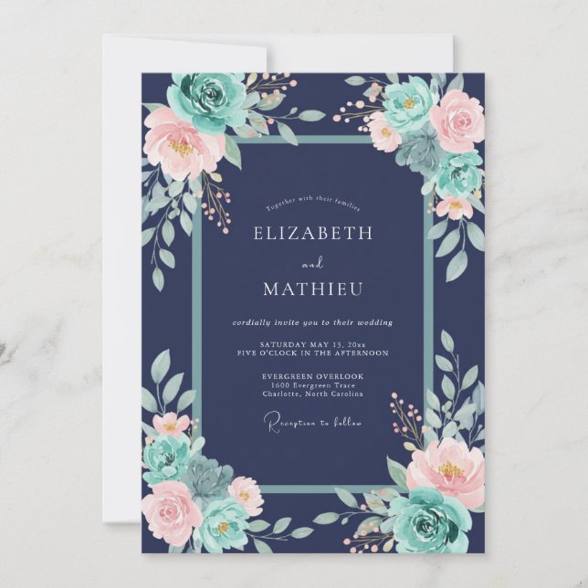 Convites Casamento Floral Esplêndido Azul Marinho (Frente)
