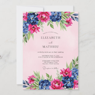 Convites Casamento Floral Esplêndido Azul-Marinho Rosa