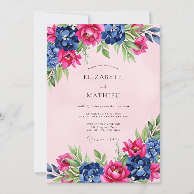 Convites Casamento Floral Esplêndido Azul-Marinho Rosa (Frente)