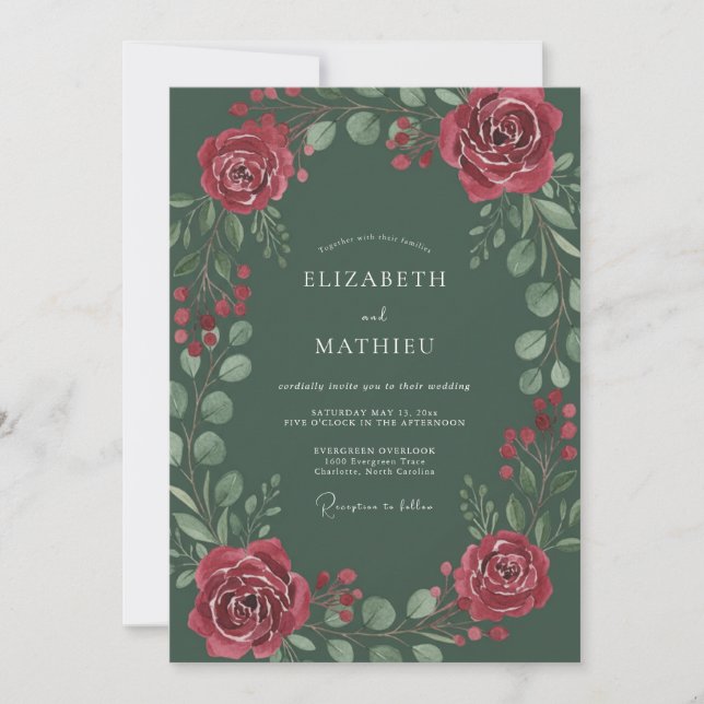 Convites Casamento Floral Esplêndido em Verde Caçador (Frente)
