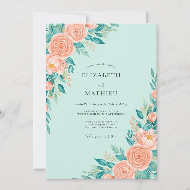 Convites Casamento Floral Esplêndido em Verde Hortelã (Frente)