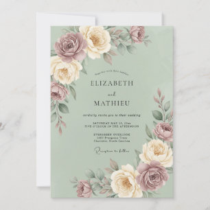 Convites Casamento Floral Esplêndido em Verde Sálvia