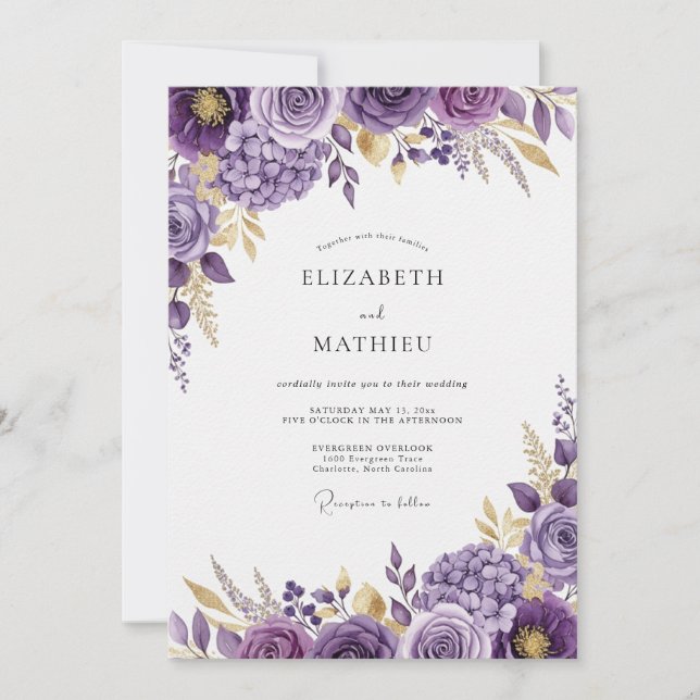 Convites Casamento Floral Esplêndido Roxo (Frente)