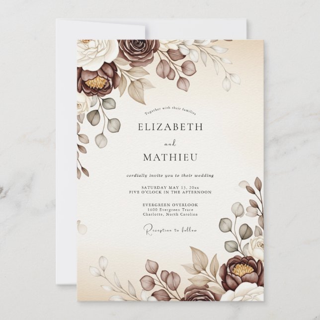 Convites Casamento Floral Espresso Outono (Frente)