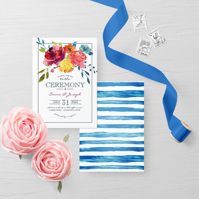 Convites Casamento floral estriado de Bright Summer Sea (Criador carregado)
