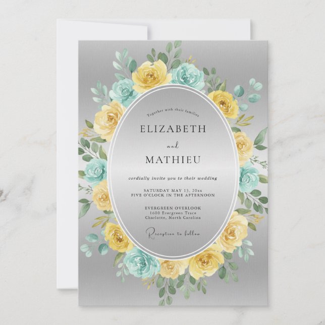 Convites Casamento Floral Etéreo Amarelo Aqua (Frente)