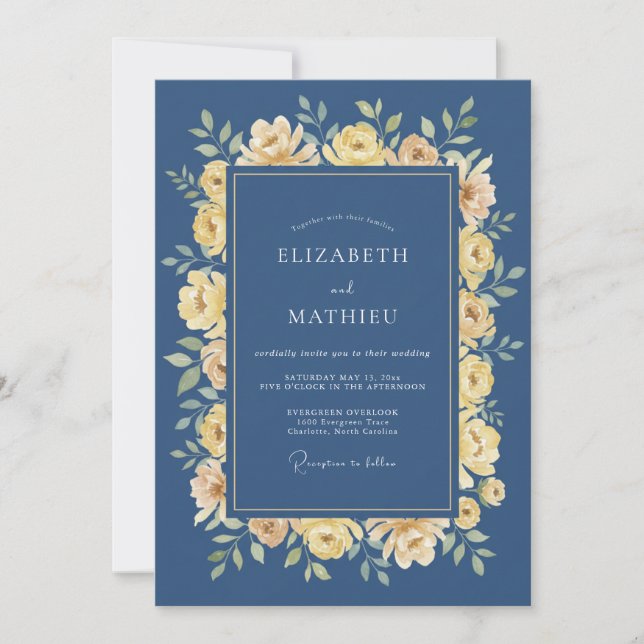 Convites Casamento Floral Etéreo Amarelo Marinho (Frente)