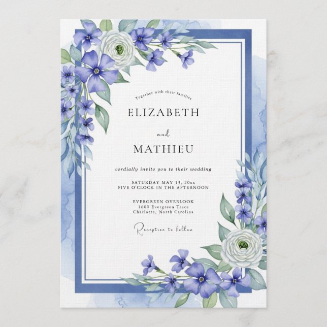 Convites Casamento Floral Etéreo Azul (Frente)