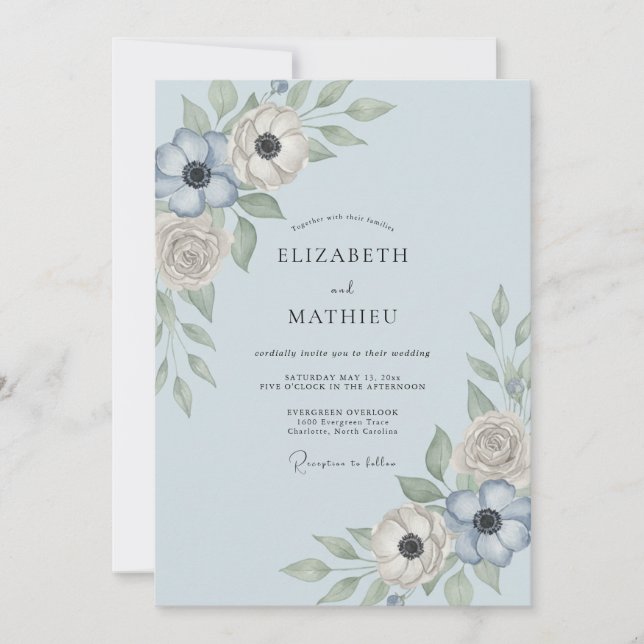Convites Casamento Floral Etéreo Azul Aço (Frente)
