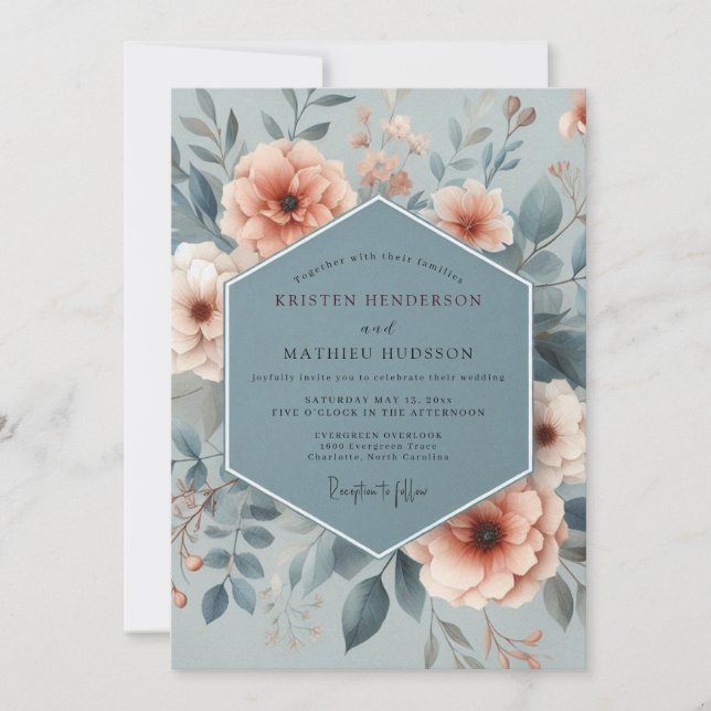 Convites Casamento Floral Etéreo Azul Ardesia (Frente)