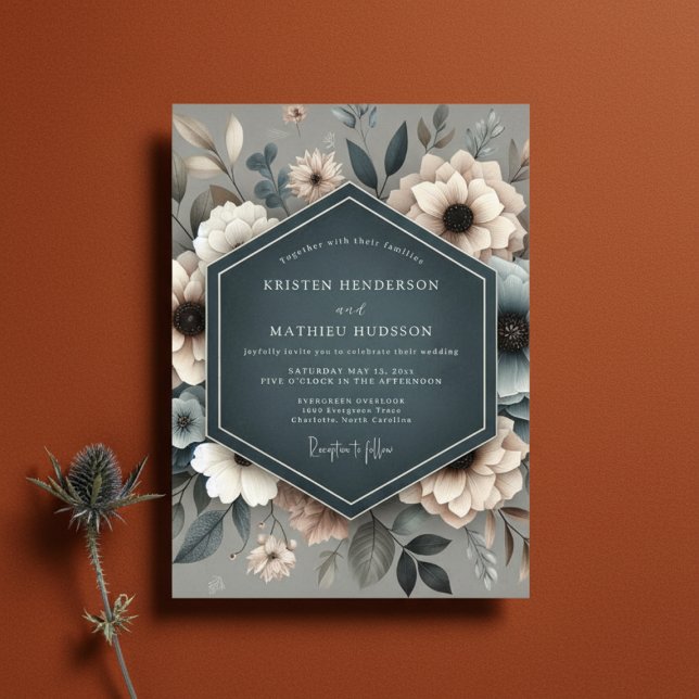 Convites Casamento Floral Etéreo Azul-ardósia (Criador carregado)