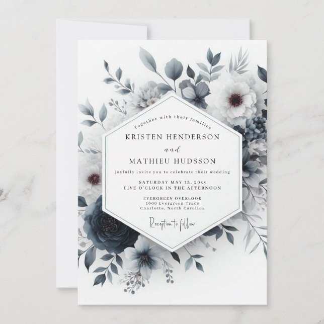 Convites Casamento Floral Etéreo Azul Ardósia (Frente)