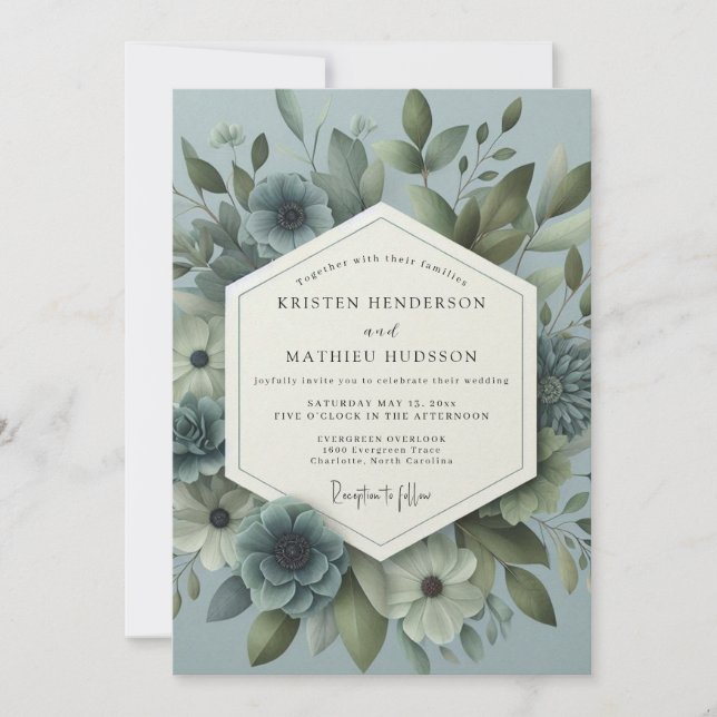 Convites Casamento Floral Etéreo Azul Ardósia (Frente)