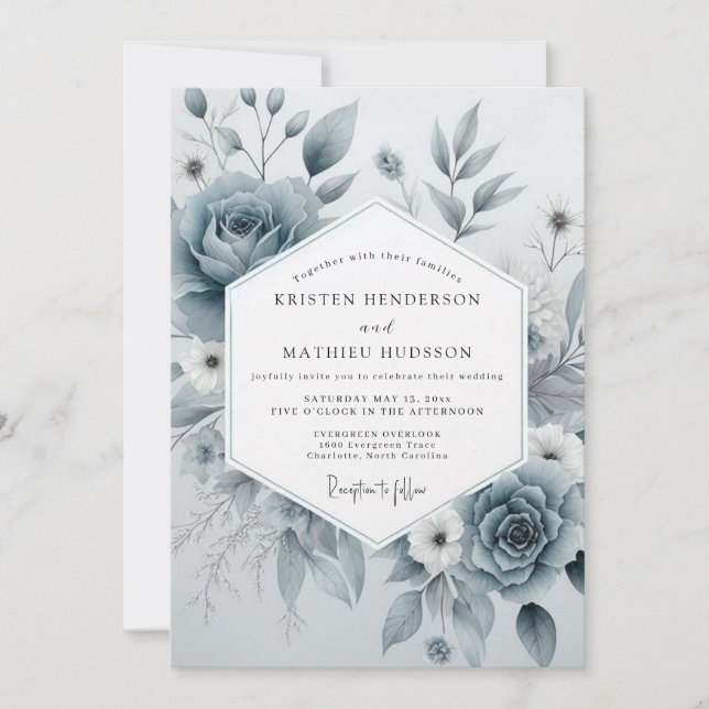 Convites Casamento Floral Etéreo Azul Ardósia (Frente)