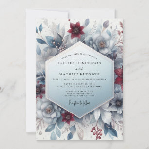 Convites Casamento Floral Etéreo Azul Borgonha