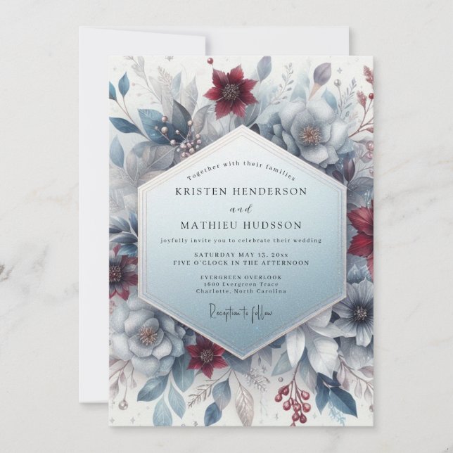 Convites Casamento Floral Etéreo Azul Borgonha (Frente)