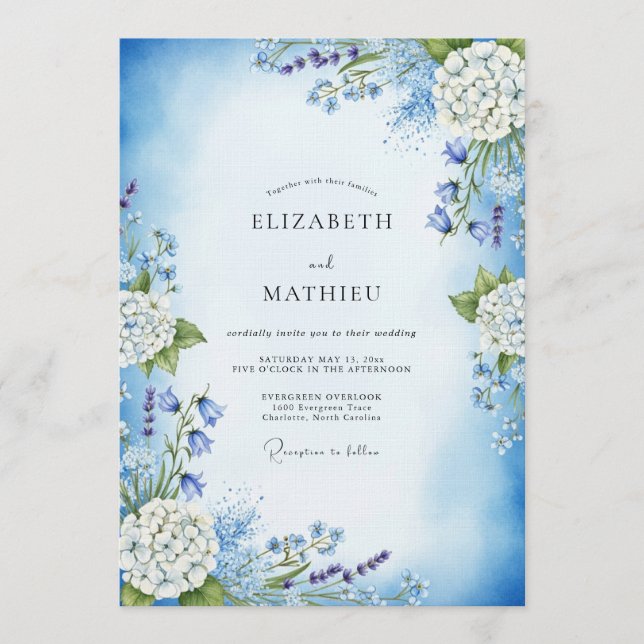 Convites Casamento Floral Etéreo Azul Céu (Frente)