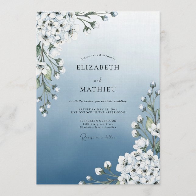 Convites Casamento Floral Etéreo Azul Céu (Frente)