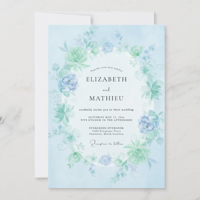 Convites Casamento Floral Etéreo Azul Claro (Frente)