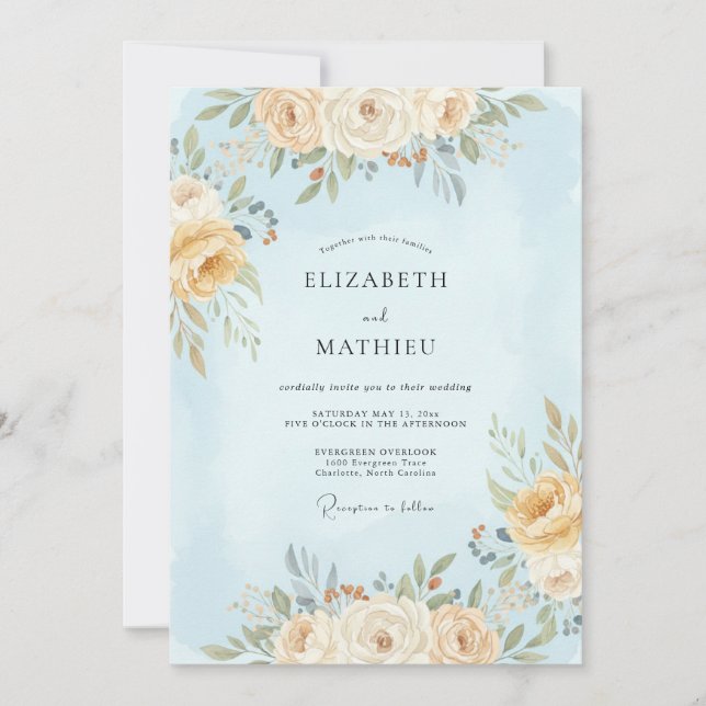 Convites Casamento Floral Etéreo Azul Claro (Frente)