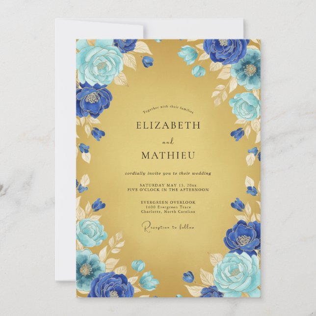 Convites Casamento Floral Etéreo Azul Cobalto (Frente)