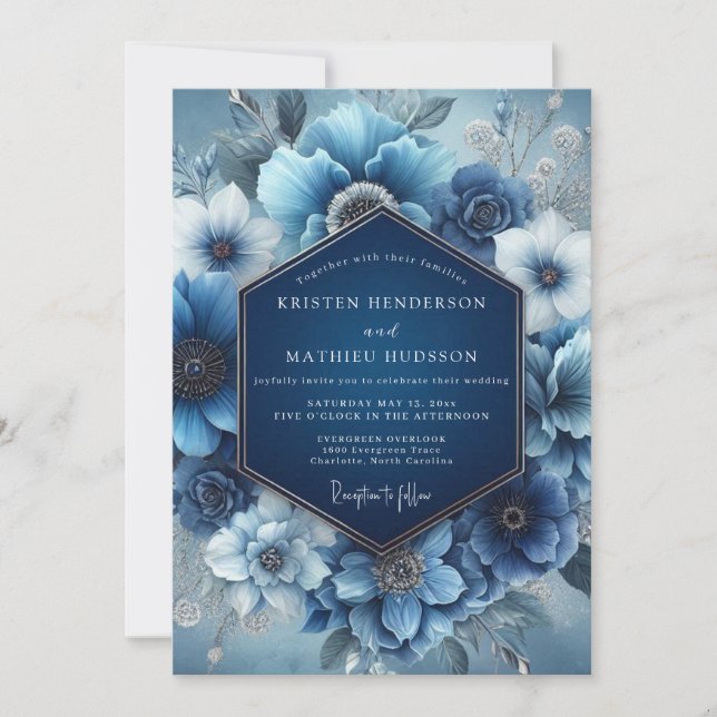 Convites Casamento Floral Etéreo Azul Desbotado (Frente)