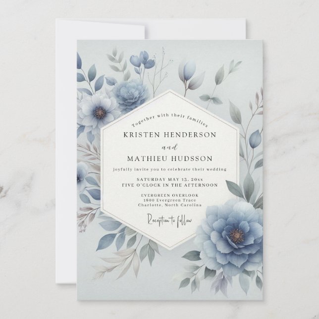 Convites Casamento Floral Etéreo Azul Desbotado (Frente)