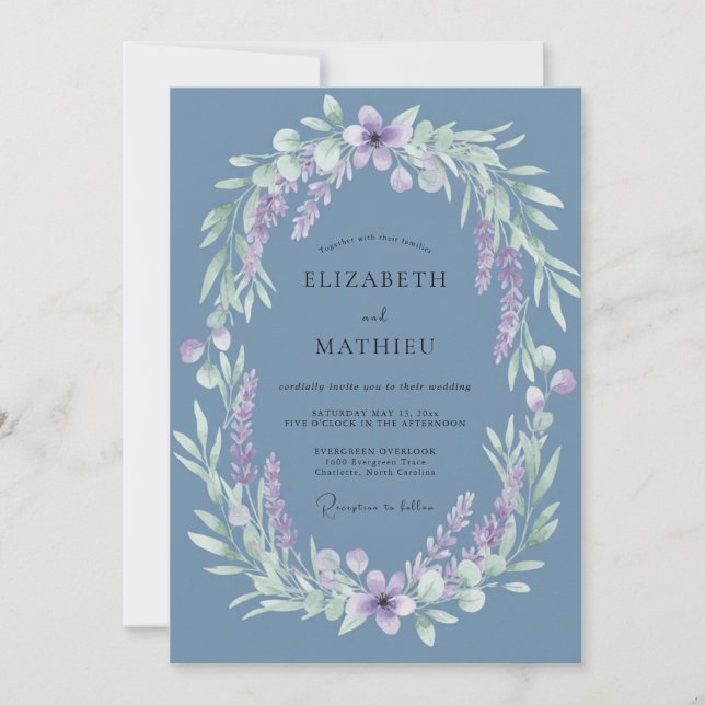 Convites Casamento Floral Etéreo Azul Desbotado (Frente)