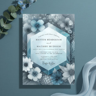 Convites Casamento Floral Etéreo Azul Desbotado