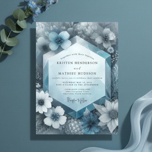 Convites Casamento Floral Etéreo Azul Desbotado (Criador carregado)