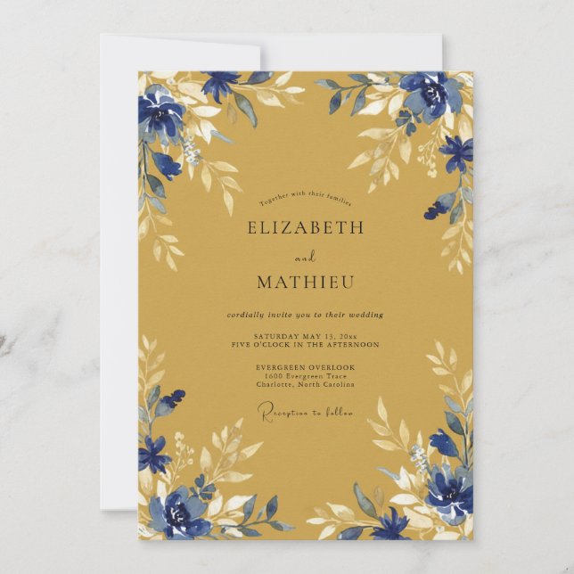 Convites Casamento Floral Etéreo Azul Dourado (Frente)