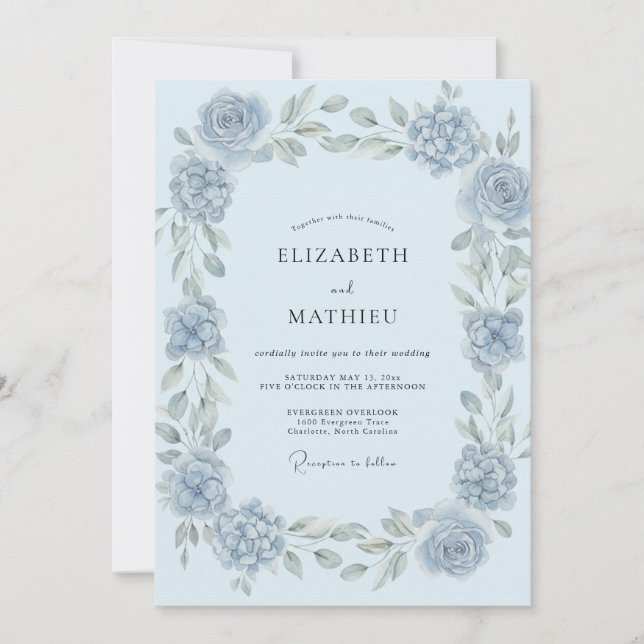 Convites Casamento Floral Etéreo Azul Gelo (Frente)