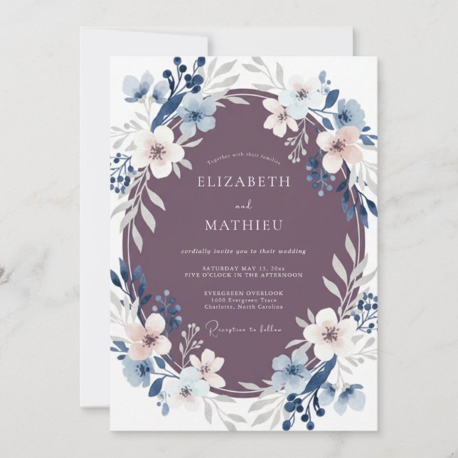 Convites Casamento Floral Etéreo Azul Malva (Frente)