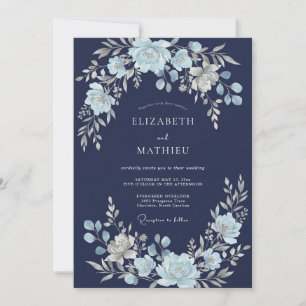 Convites Casamento Floral Etéreo Azul Naval